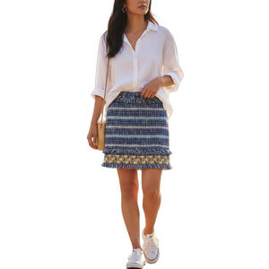 Tory Burch Normandy Blue Nora Skirt Women's 2 Tweed Fringe Artsy Boho Luxury